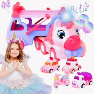 🦄 Różowa Laweta Jednorożec + 4 pojazdy – Magiczny Zestaw dla Małych Księżniczek!✨🚗