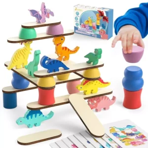 🦕🌟 Drewniana Układanka Montessori – Balansujące Dinozaury + Klocki + Karty Zadaniowe 🎓🧩