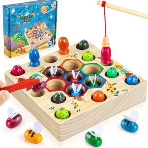 🐝🎣 Drewniana gra edukacyjna „Łowienie Rybek” 2w1 🌈🧠